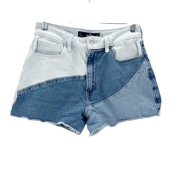 Hollister ultra high rise mom short 3” blue color block jean shorts stretch